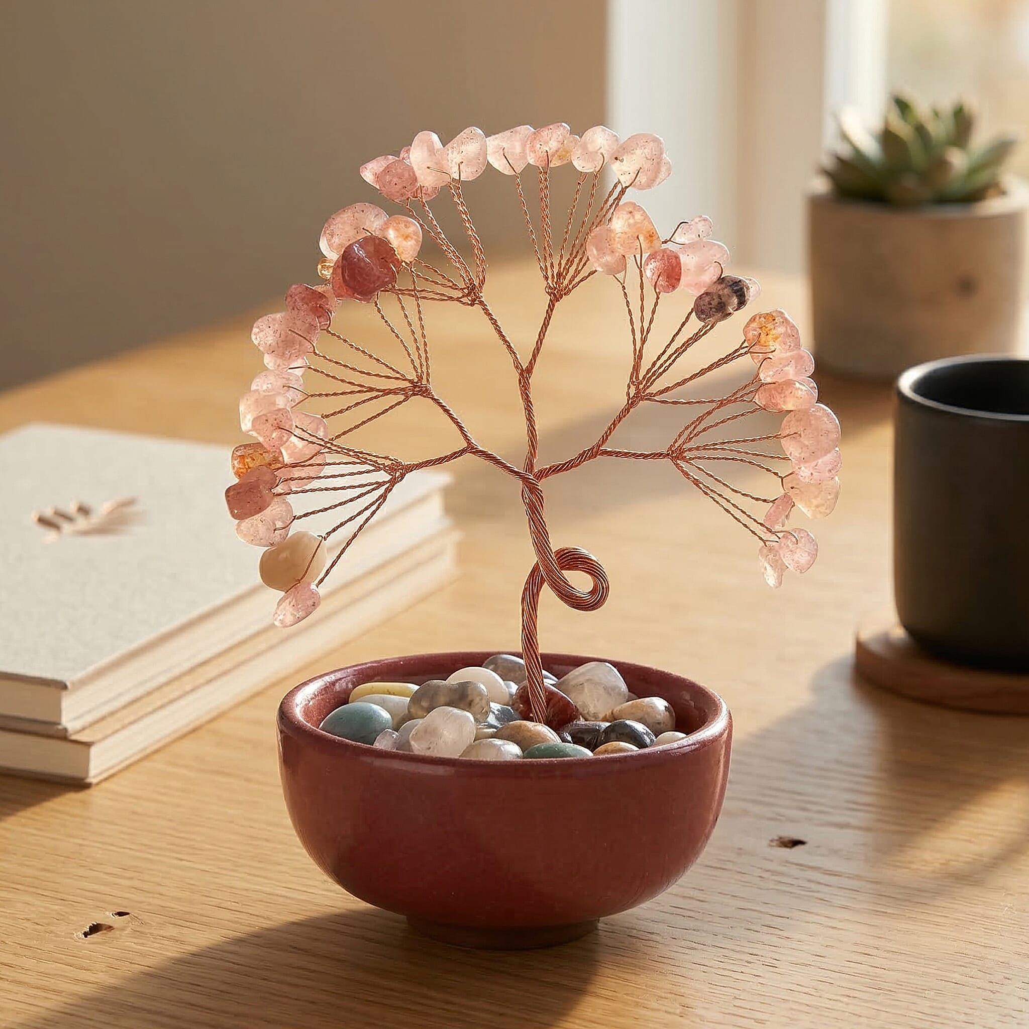 Feng Shui Strawberry Quartz Crystal Money Tree Ornament with Ceramic Pot (11cm) - Rose Red