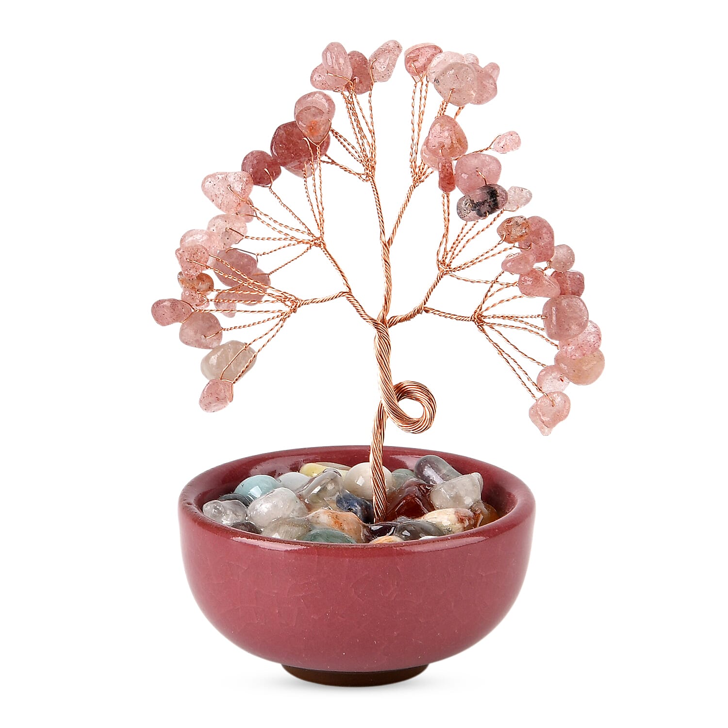 Feng Shui Strawberry Quartz Crystal Money Tree Ornament with Ceramic Pot (11cm) - Rose Red