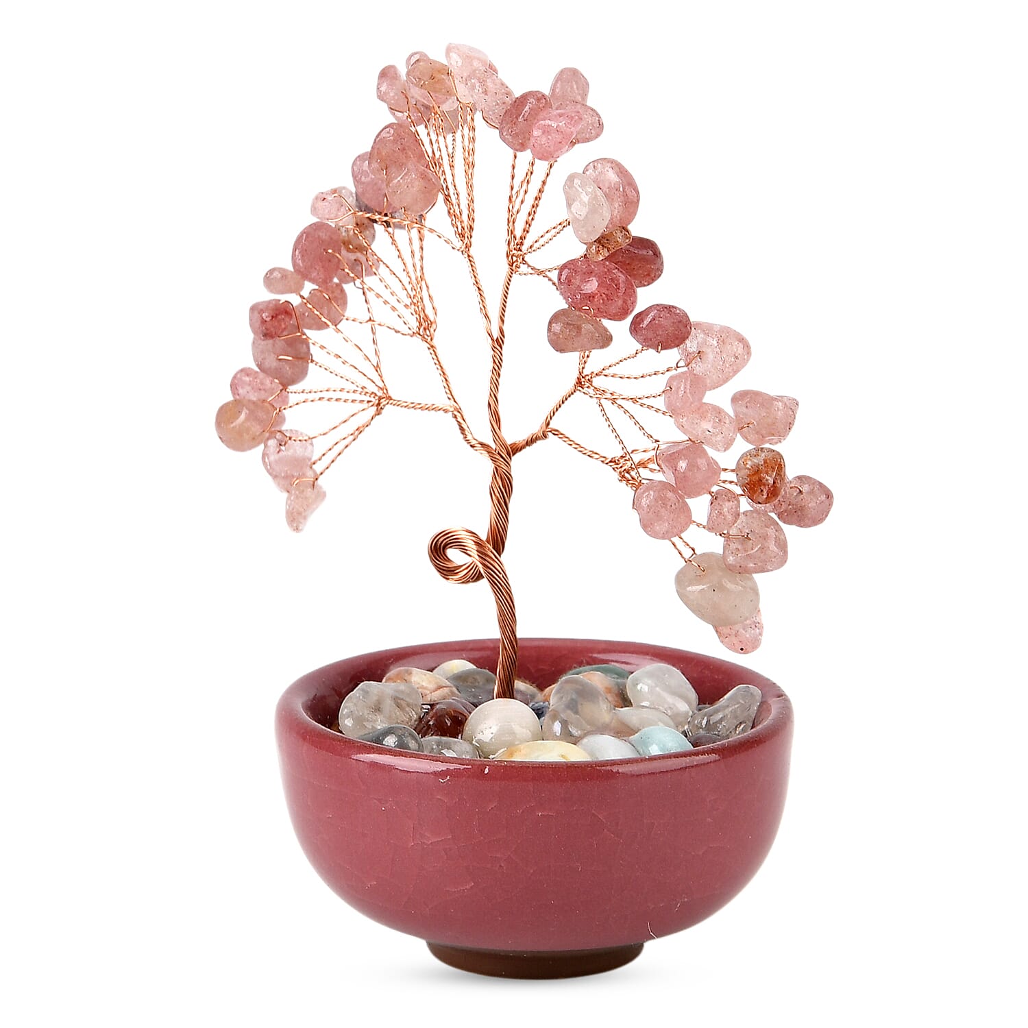 Feng Shui Strawberry Quartz Crystal Money Tree Ornament with Ceramic Pot (11cm) - Rose Red