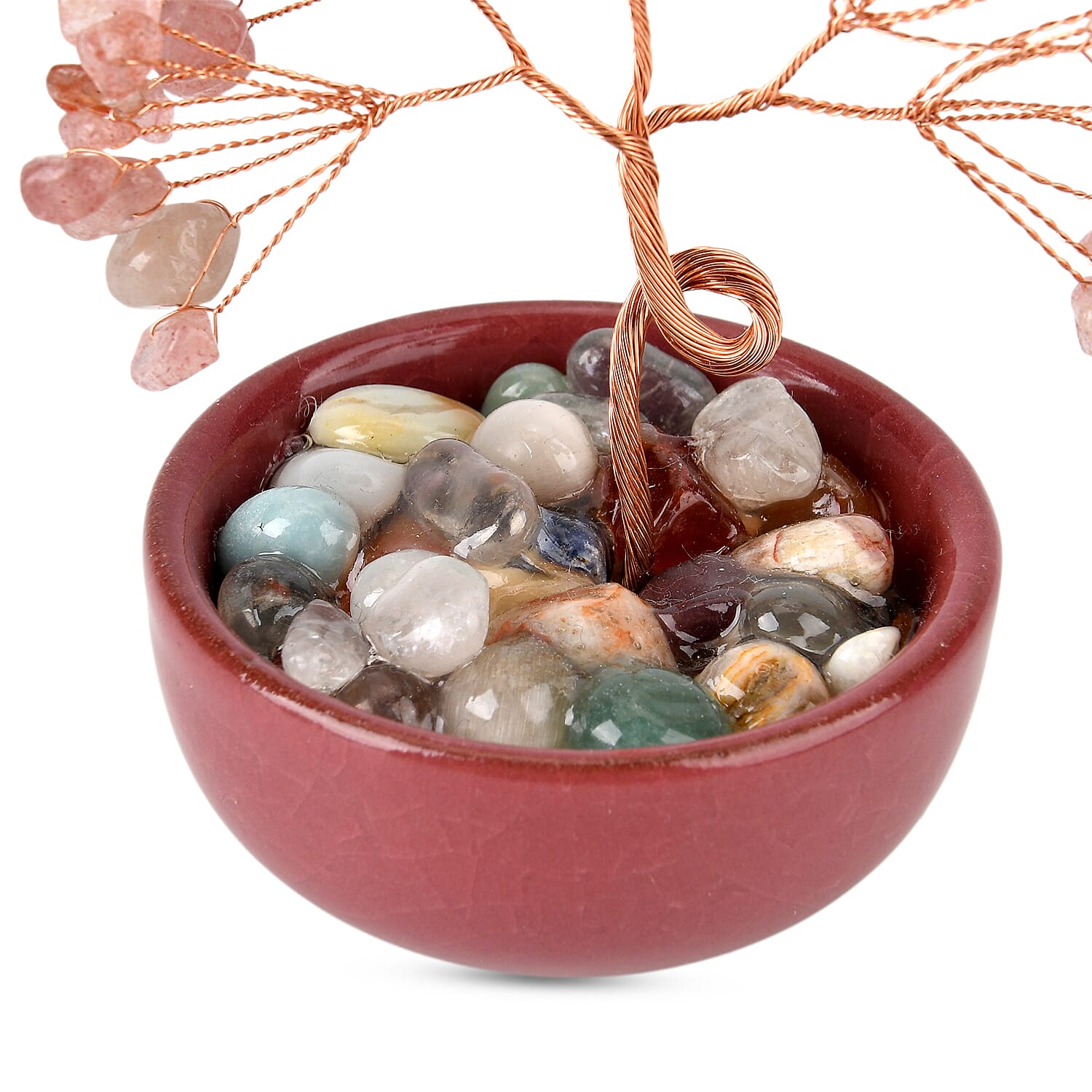 Feng Shui Strawberry Quartz Crystal Money Tree Ornament with Ceramic Pot (11cm) - Rose Red