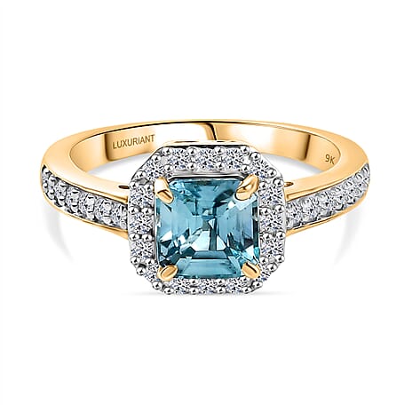 Luxuriant 9K Yellow Gold Blue Zircon & (VS-E-F) Lab Grown Diamond Ring 2.35 Ct.