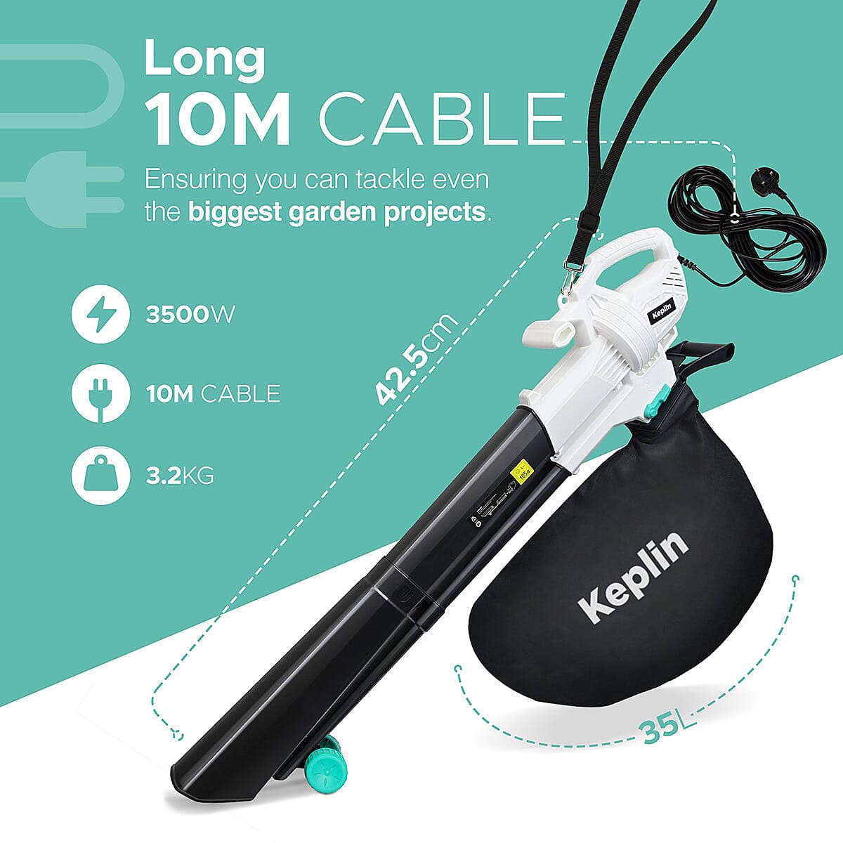 KEPLIN 3-in-1 Garden Blower, Vacuum and Mulcher - 12M Cable 3300w
