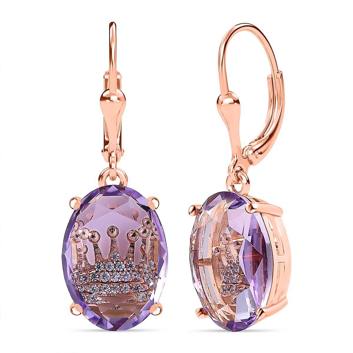 GP - Royal Collection - Rose De France Amethyst, Blue Sapphire & White Zircon Lever Back Earring in 18K Vermeil Rose Gold Plated Sterling Silver 9.06 Ct.