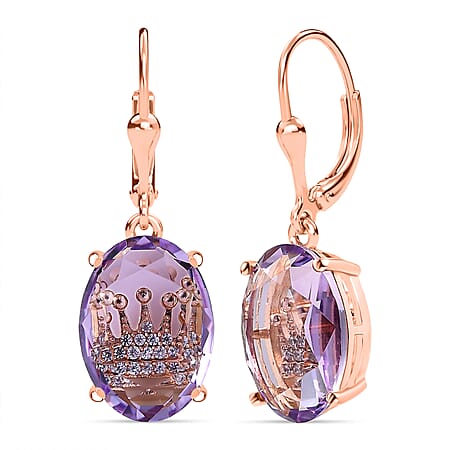 GP - Royal Collection - Rose De France Amethyst, Blue Sapphire & White Zircon Lever Back Earring in 18K Vermeil Rose Gold Plated Sterling Silver 9.06 Ct.