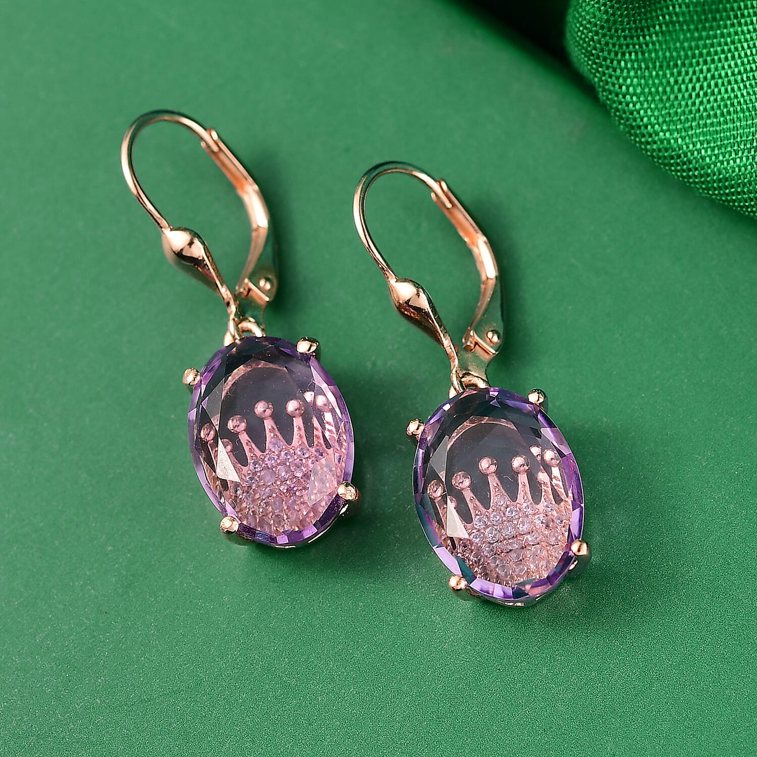 GP - Royal Collection - Rose De France Amethyst, Blue Sapphire & White Zircon Lever Back Earring in 18K Vermeil Rose Gold Plated Sterling Silver 9.06 Ct.