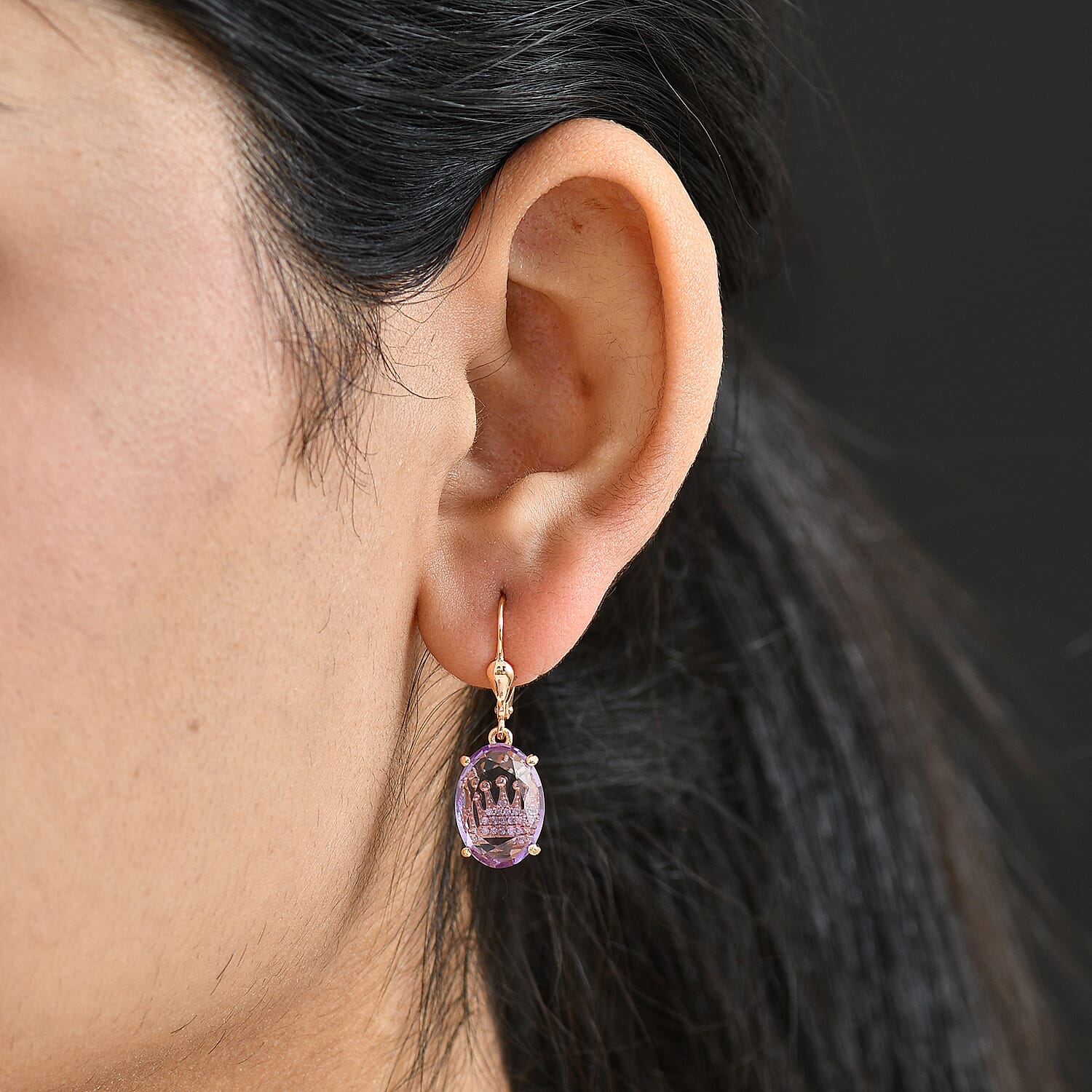 GP - Royal Collection - Rose De France Amethyst, Blue Sapphire & White Zircon Lever Back Earring in 18K Vermeil Rose Gold Plated Sterling Silver 9.06 Ct.