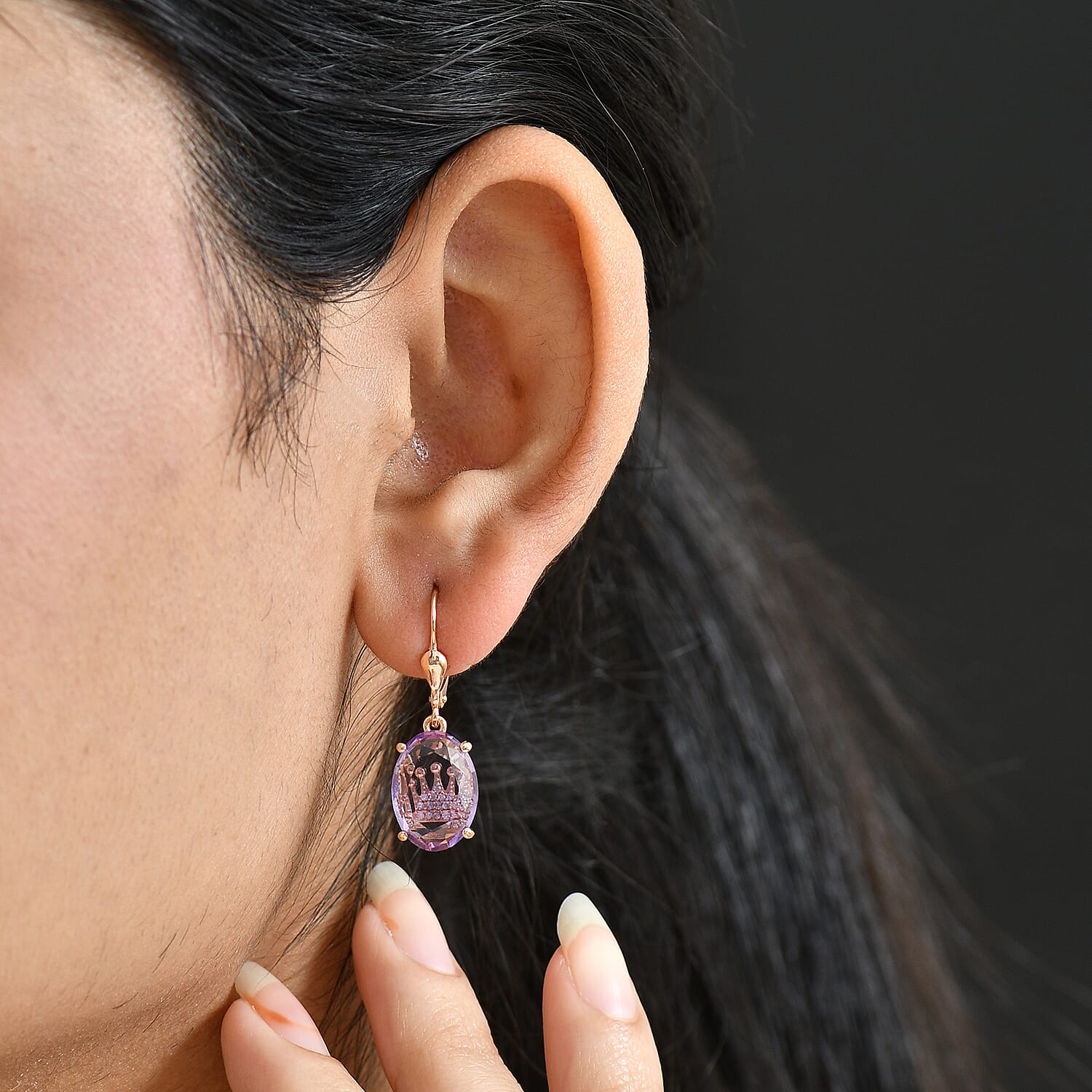 GP - Royal Collection - Rose De France Amethyst, Blue Sapphire & White Zircon Lever Back Earring in 18K Vermeil Rose Gold Plated Sterling Silver 9.06 Ct.
