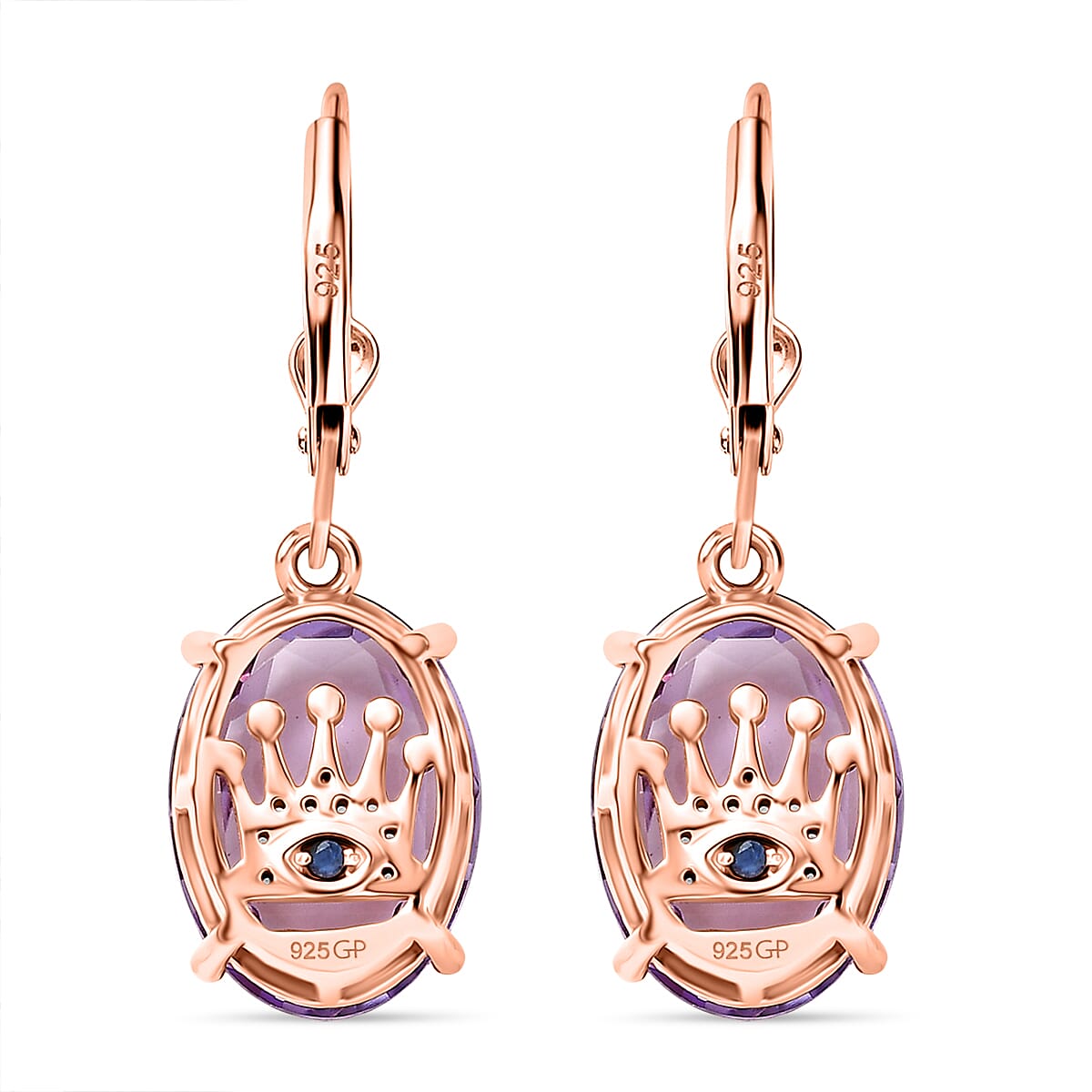 GP - Royal Collection - Rose De France Amethyst, Blue Sapphire & White Zircon Lever Back Earring in 18K Vermeil Rose Gold Plated Sterling Silver 9.06 Ct.