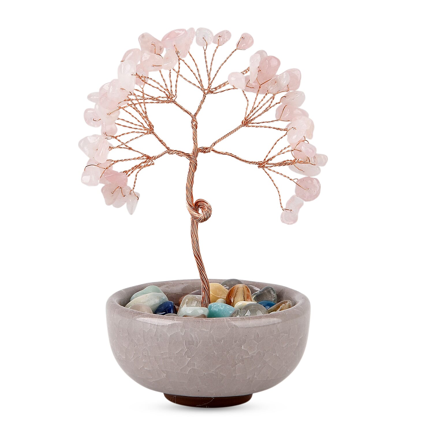 Feng Shui Rose Quartz Crystal Money Tree Ornament with Ceramic Pot (11cm) - Pink