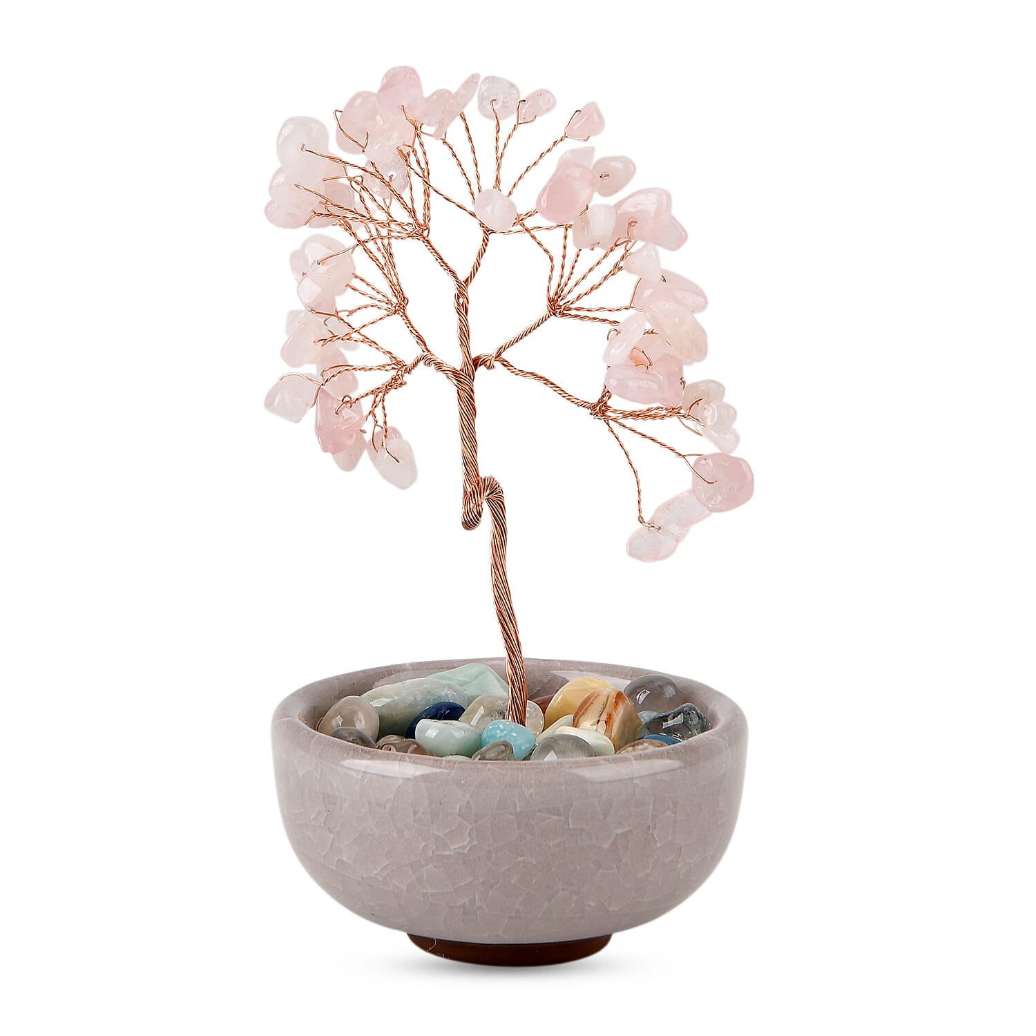 Feng Shui Rose Quartz Crystal Money Tree Ornament with Ceramic Pot (11cm) - Pink