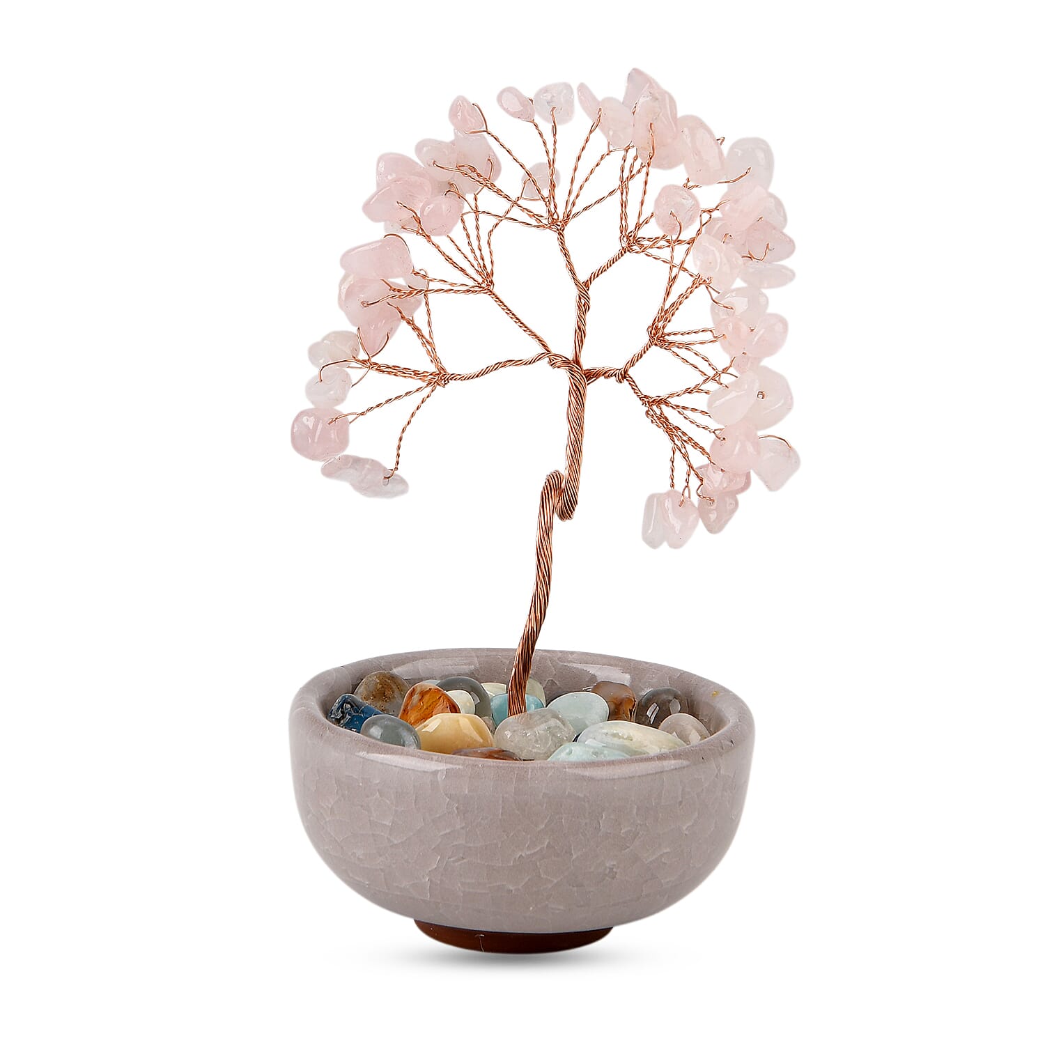 Feng Shui Rose Quartz Crystal Money Tree Ornament with Ceramic Pot (11cm) - Pink