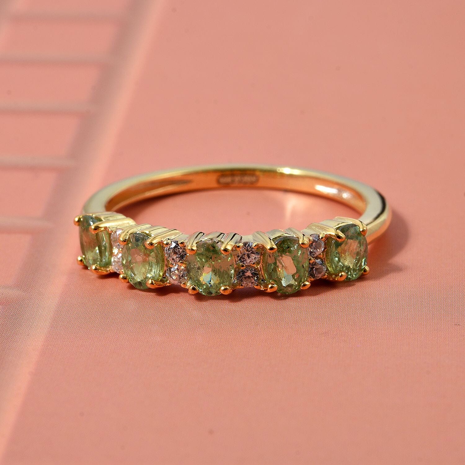 D'Joy Demantoid Garnet & White Zircon Ring in Yellow Gold Plated Sterling Silver 0.99 Ct.