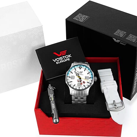 THE BLACK FRIDAY LAUNCH- VOSTOK EUROPE Expedition Frost Automatic NH34 GMT 20ATM Stainless Steel Mens White Dial Watch with Stainless Steel Bracelet Strap