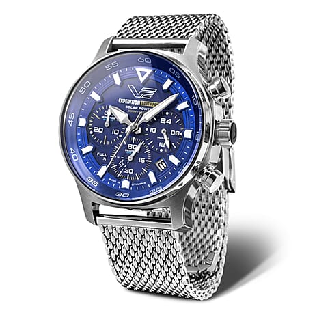 VOSTOK EUROPE Expedition South Pole Solar VR42 Solar 20ATM Stainless Steel Mens Blue Dial Watch with Stainless Steel Mesh Strap