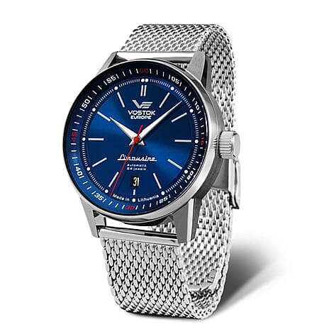 BLACK FRIDAY DEAL - VOSTOK EUROPE Limousine Automatic NH35 Watch with a Blue Dial and a Siliver Stainless Steel Mesh Strap in a 43mm Silver Stainless Steel Case