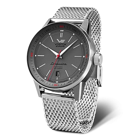 BLACK FRIDAY DEAL - VOSTOK EUROPE Limousine Automatic NH35 Automatic 5ATM Stainless Steel Mens Grey Dial Watch with Stainless Steel Mesh Strap