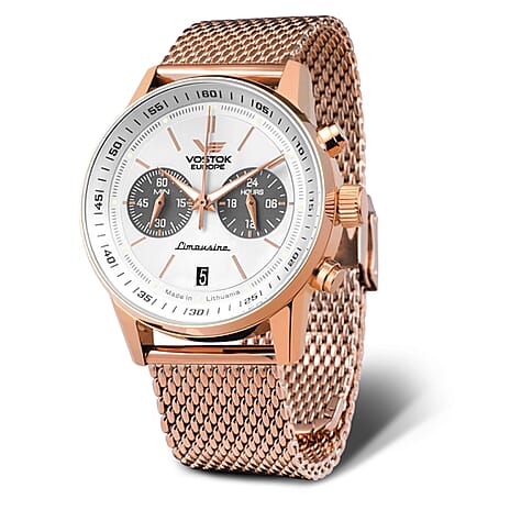 VOSTOK EUROPE Limousine Automatic NH35 Automatic 5ATM Stainless Steel Mens White Dial Watch with Stainless Steel Mesh Strap