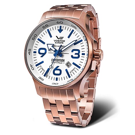 BLACK FRIDAY DEAL -  VOSTOK EUROPE Expedition North Pole 1 YN55 Automatic 20ATM White Dial Mens Watch with Rose Gold Stainless Steel Chain Strap