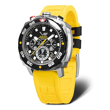 VOSTOK EUROPE Systema Periodicum Mecha Quartz VK67 Mecha Quartz 20ATM Black Dial Mens Watch with Yellow Silicone Strap