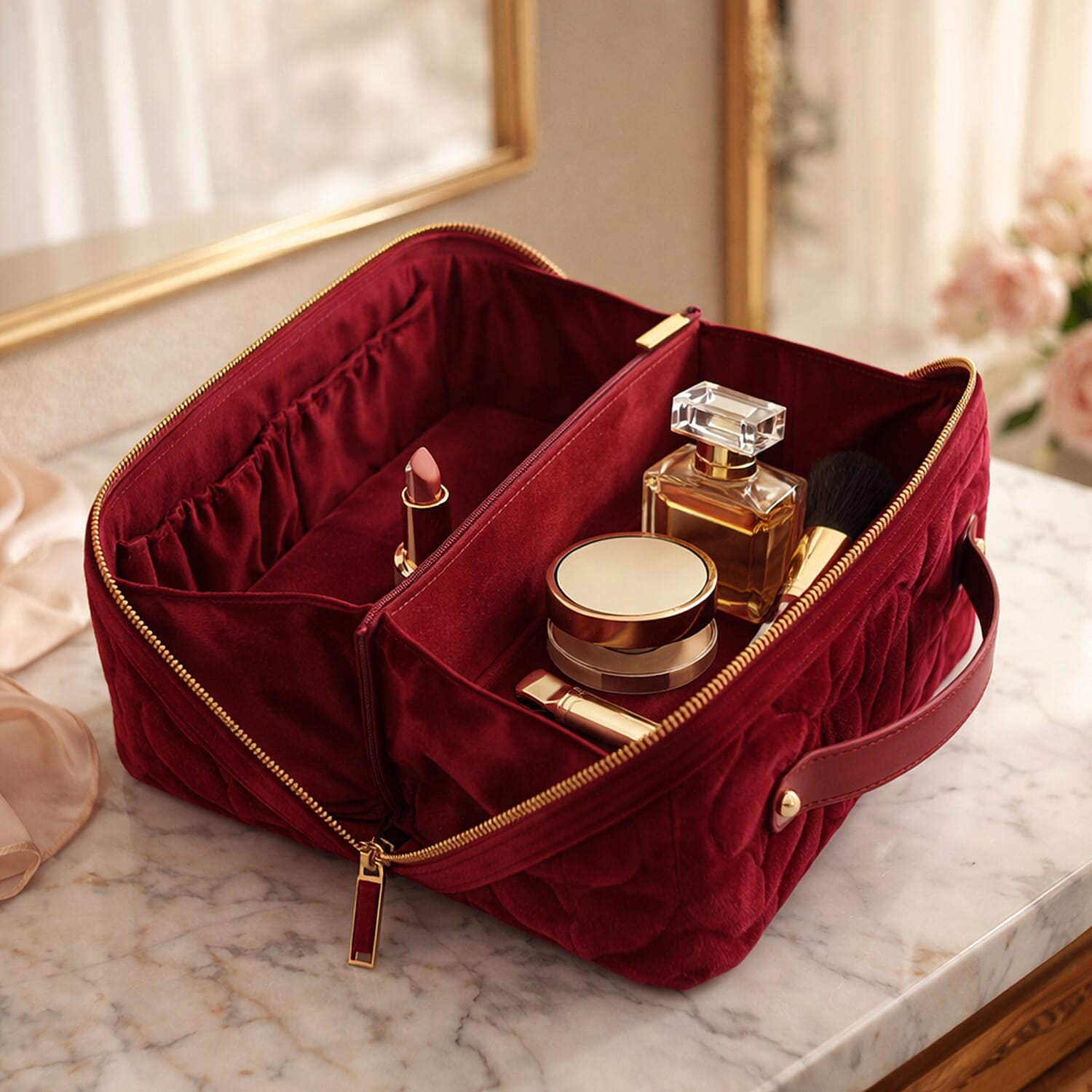 Alice Wheeler London Luxury Velvet Quilted Vanity Bag - Fig