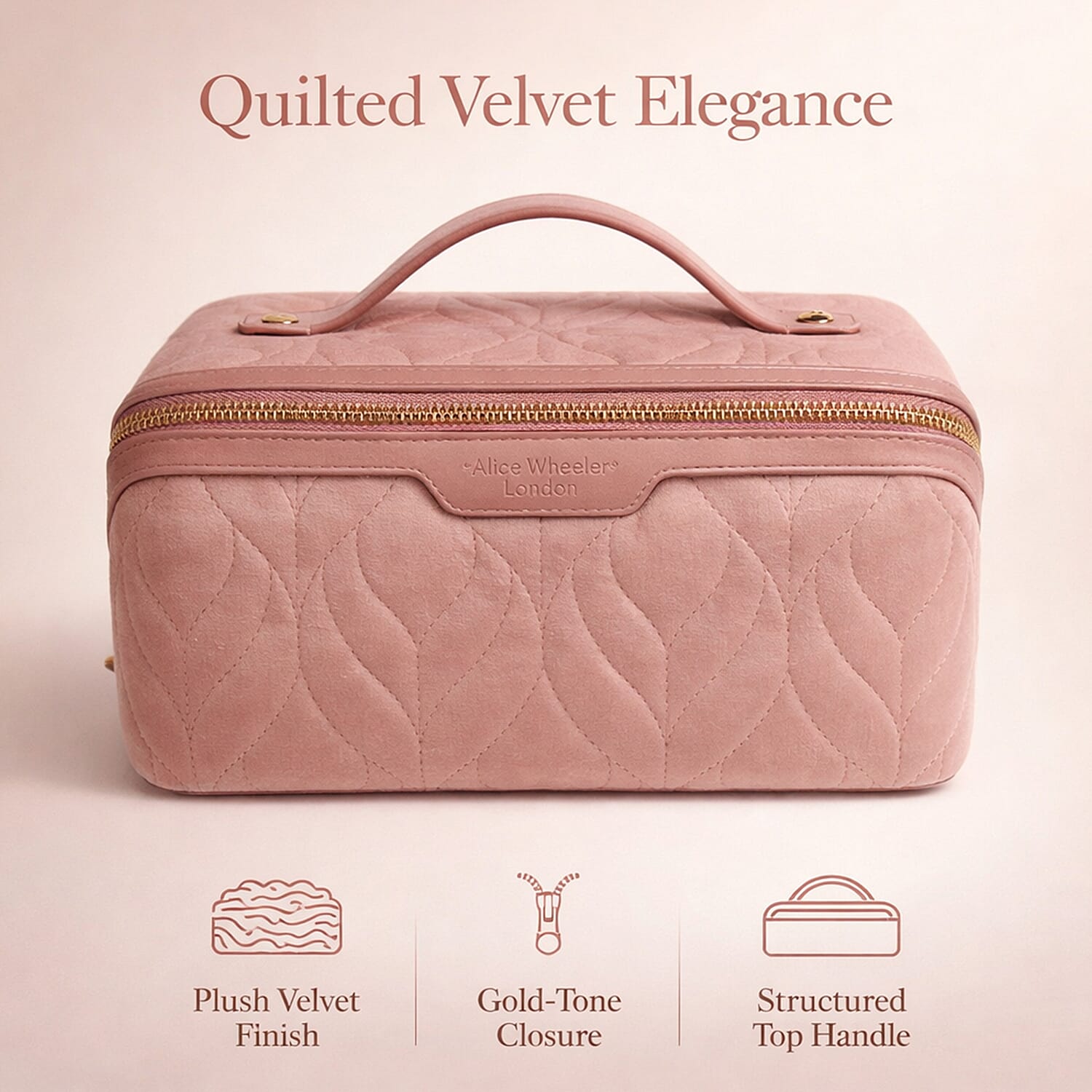 Alice Wheeler London Luxury Velvet Quilted Vanity Bag - Pink
