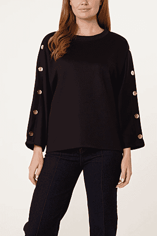 Misumi Button Detail Sweatshirt (One Size 8-18) - Black