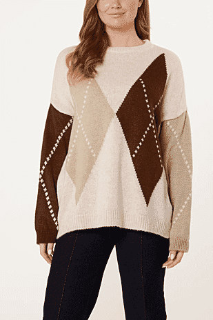 Misumi Argyle Detail Knit Jumper (One Size, 8-18) - Beige