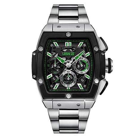 LUXURY RE-DEFINED URBN22 Viper Green Japanese Quartz VD53 Chronograph 5ATM WR Black - Green Dial - Silver Case Mens Watch with Silver Stainless Steel Strap