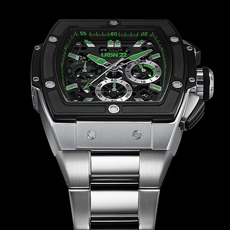 LUXURY RE-DEFINED URBN22 Viper Green Japanese Quartz VD53 Chronograph 5ATM WR Black - Green Dial - Silver Case Mens Watch with Silver Stainless Steel Strap