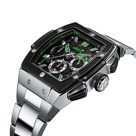 LUXURY RE-DEFINED URBN22 Viper Green Japanese Quartz VD53 Chronograph 5ATM WR Black - Green Dial - Silver Case Mens Watch with Silver Stainless Steel Strap