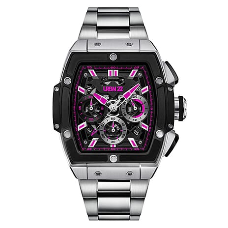 URBN22 Rebelious Pink Japanese Quartz VD53 Chronograph 5ATM WR Black - Pink Dial - Silver Case Mens Watch with Silver Stainless Steel Strap
