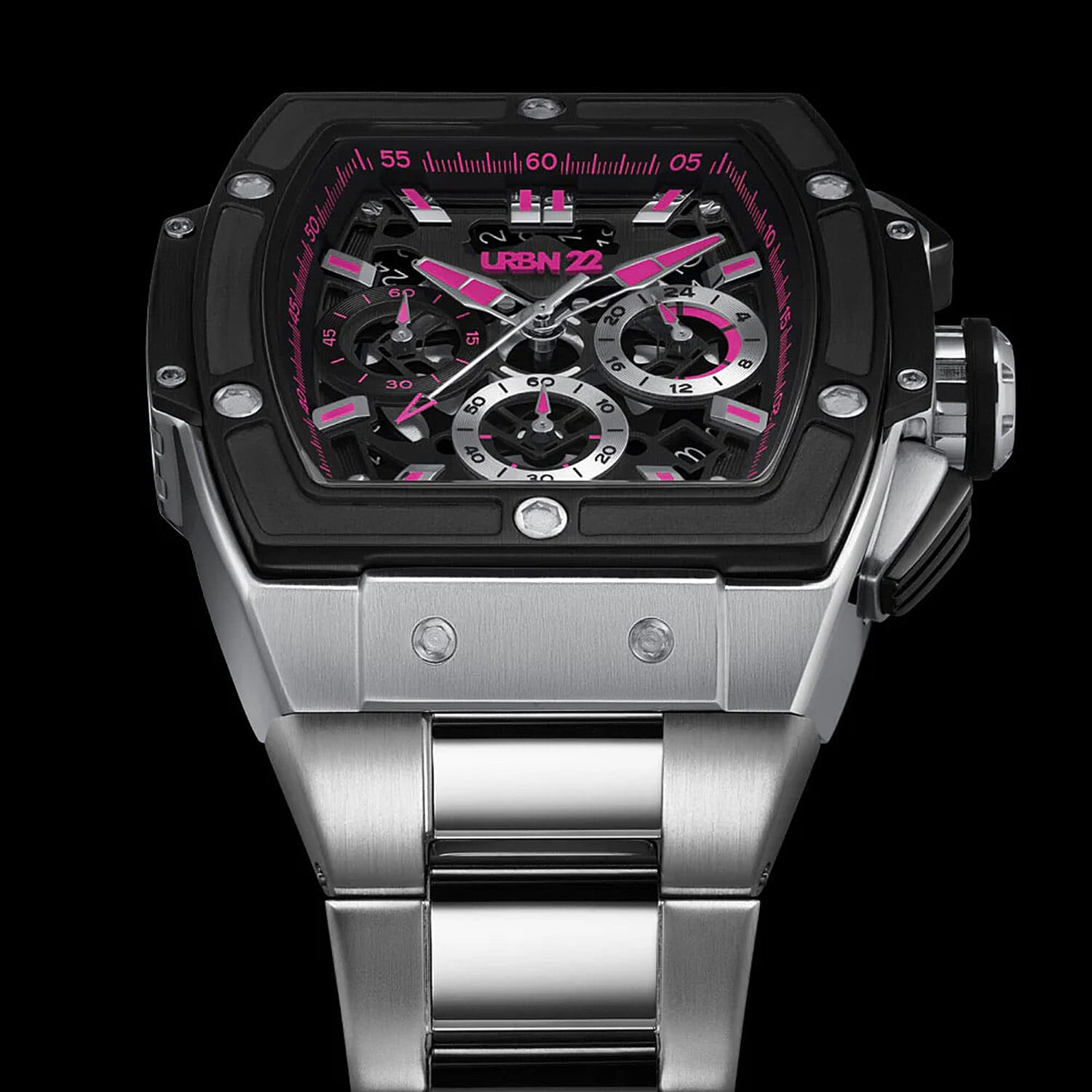 URBN22 Rebelious Pink Japanese Quartz VD53 Chronograph 5ATM WR Black - Pink Dial - Silver Case Mens Watch with Silver Stainless Steel Strap