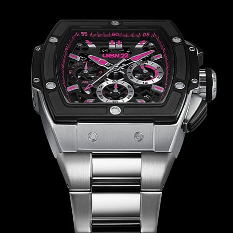 URBN22 Rebelious Pink Japanese Quartz VD53 Chronograph 5ATM WR Black - Pink Dial - Silver Case Mens Watch with Silver Stainless Steel Strap
