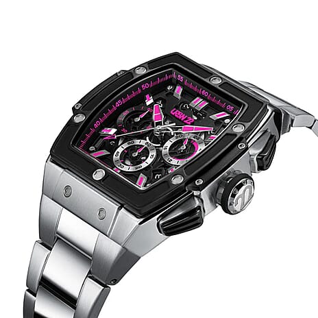 URBN22 Rebelious Pink Japanese Quartz VD53 Chronograph 5ATM WR Black - Pink Dial - Silver Case Mens Watch with Silver Stainless Steel Strap