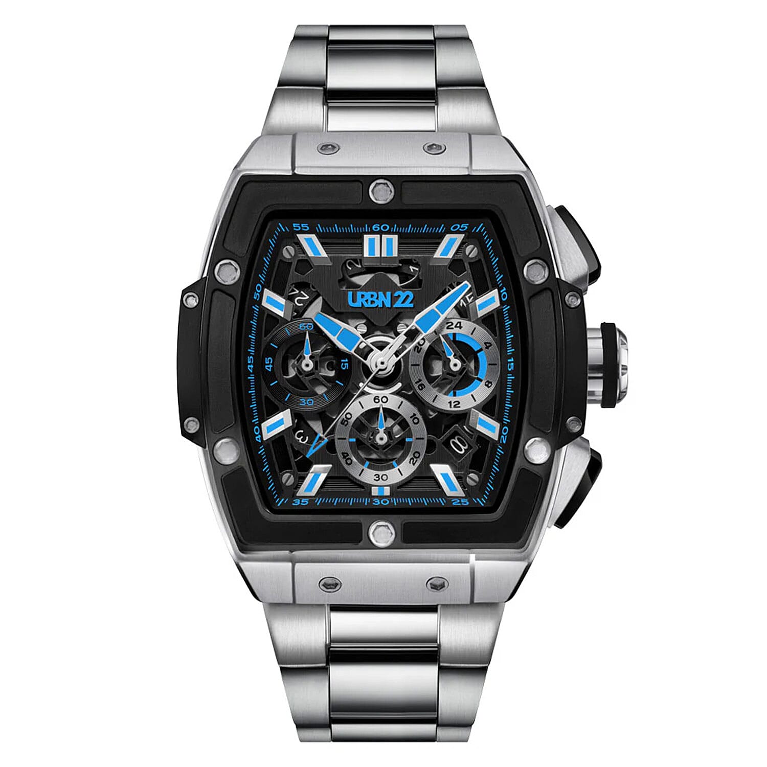 URBN22 Arctic Blue Japanese Quartz VD53 Chronograph 5ATM WR Black - Blue Dial - Silver Case Mens Watch with Silver Stainless Steel Strap