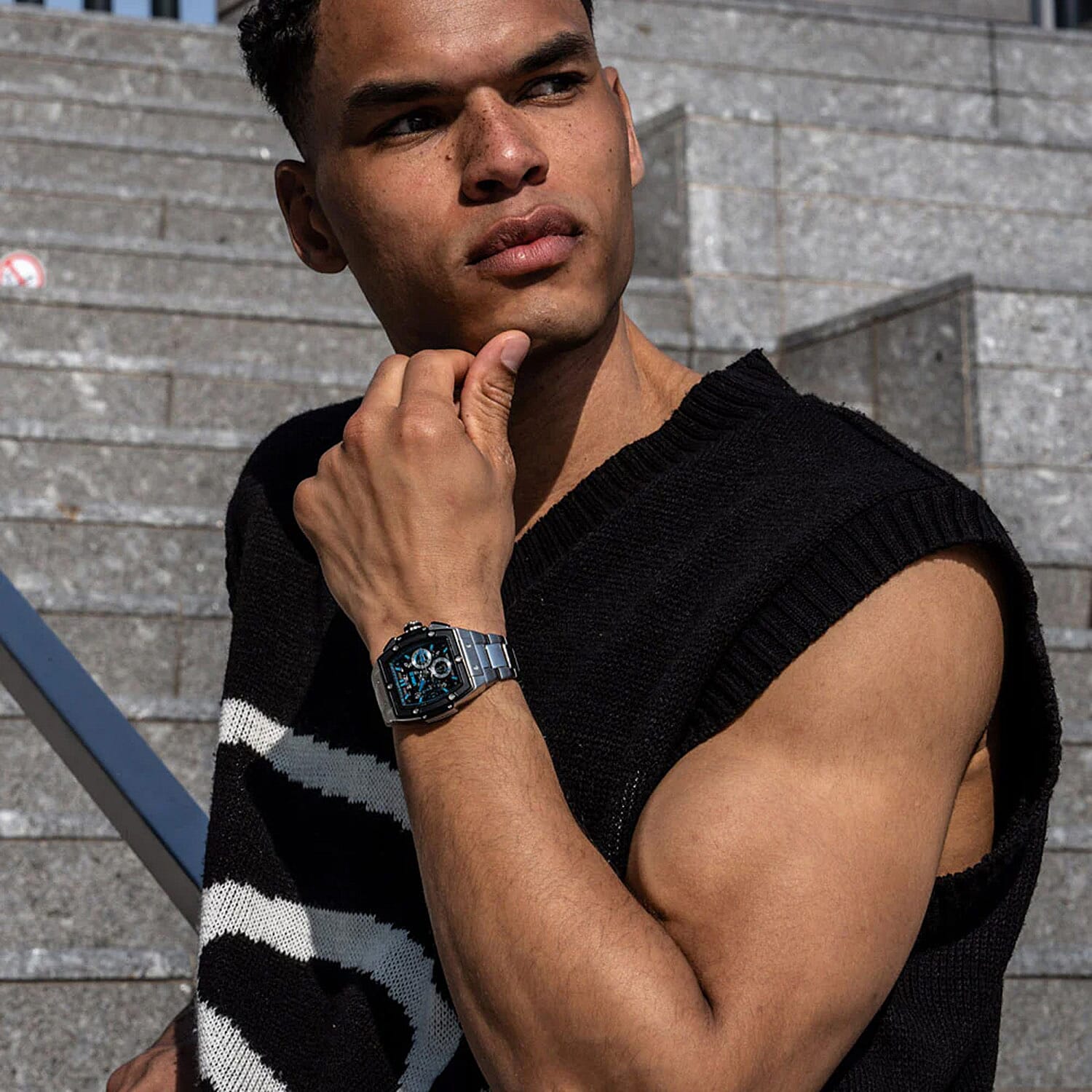 URBN22 Arctic Blue Japanese Quartz VD53 Chronograph 5ATM WR Black - Blue Dial - Silver Case Mens Watch with Silver Stainless Steel Strap