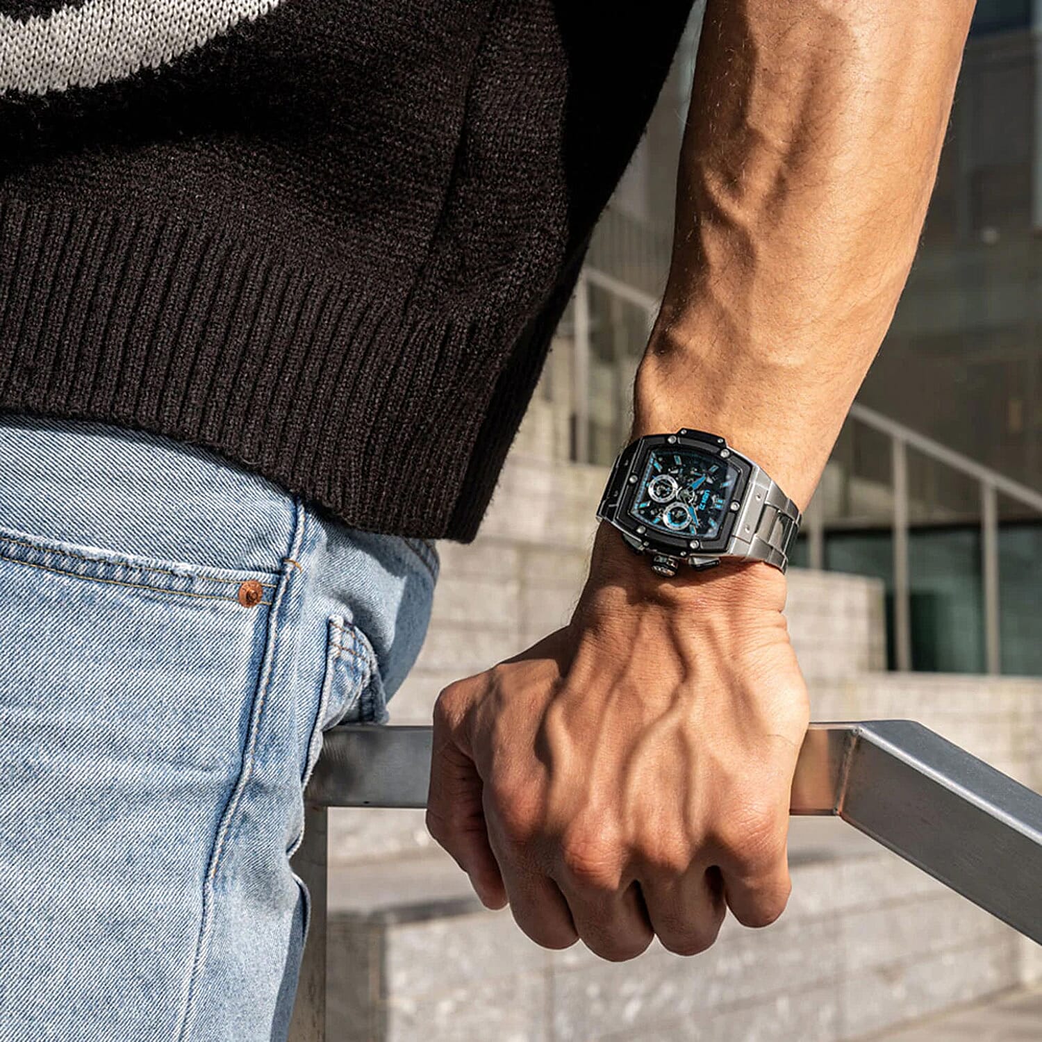 URBN22 Arctic Blue Japanese Quartz VD53 Chronograph 5ATM WR Black - Blue Dial - Silver Case Mens Watch with Silver Stainless Steel Strap