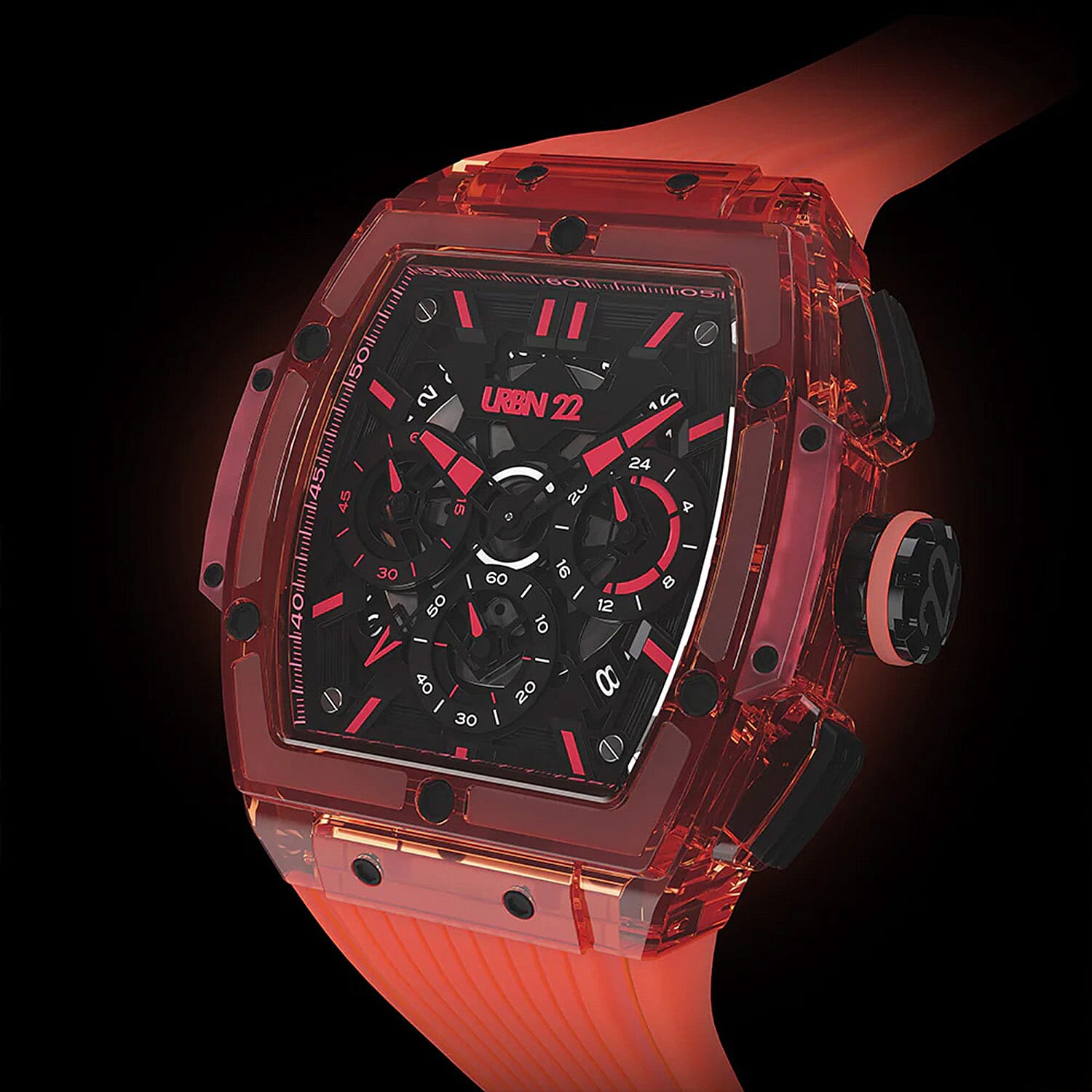 URBN22 Coral Red Japanese Quartz VD53 Chronograph 5ATM WR Black - Red Dial - Red Polycarbonate Case Mens Watch