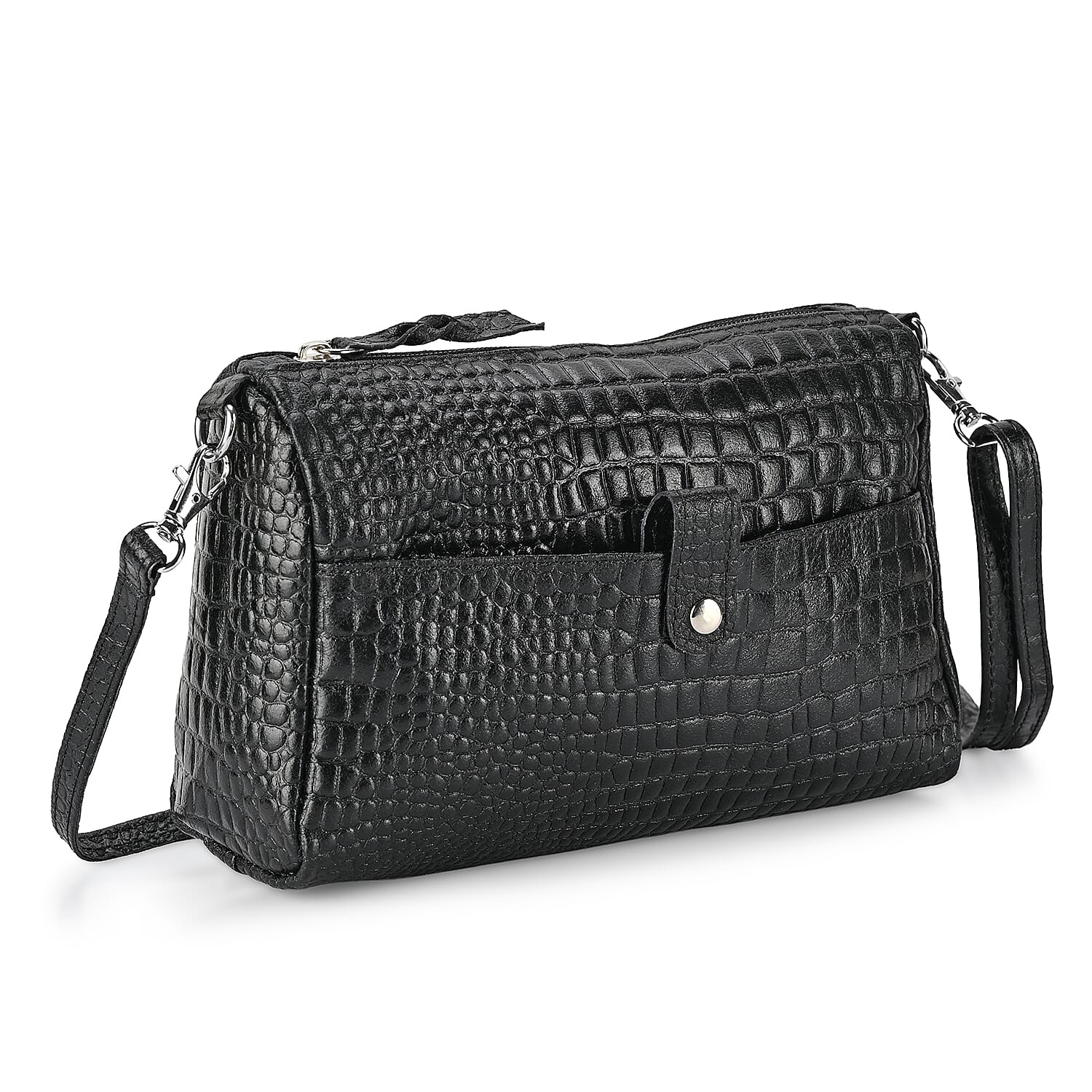 - Maisi Designer Inspired Genuine Leather Croc-embossed Crossbody Mini Satchel with Front Flap Pocket - Black