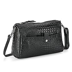 - Maisi Designer Inspired Genuine Leather Croc-embossed Crossbody Mini Satchel with Front Flap Pocket - Maroon - Black