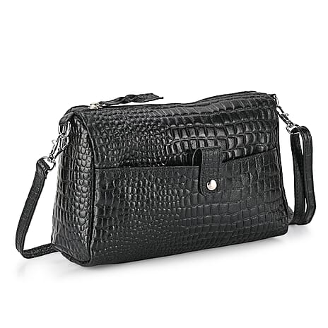 - Maisi Designer Inspired Genuine Leather Croc-embossed Crossbody Mini Satchel with Front Flap Pocket - Black