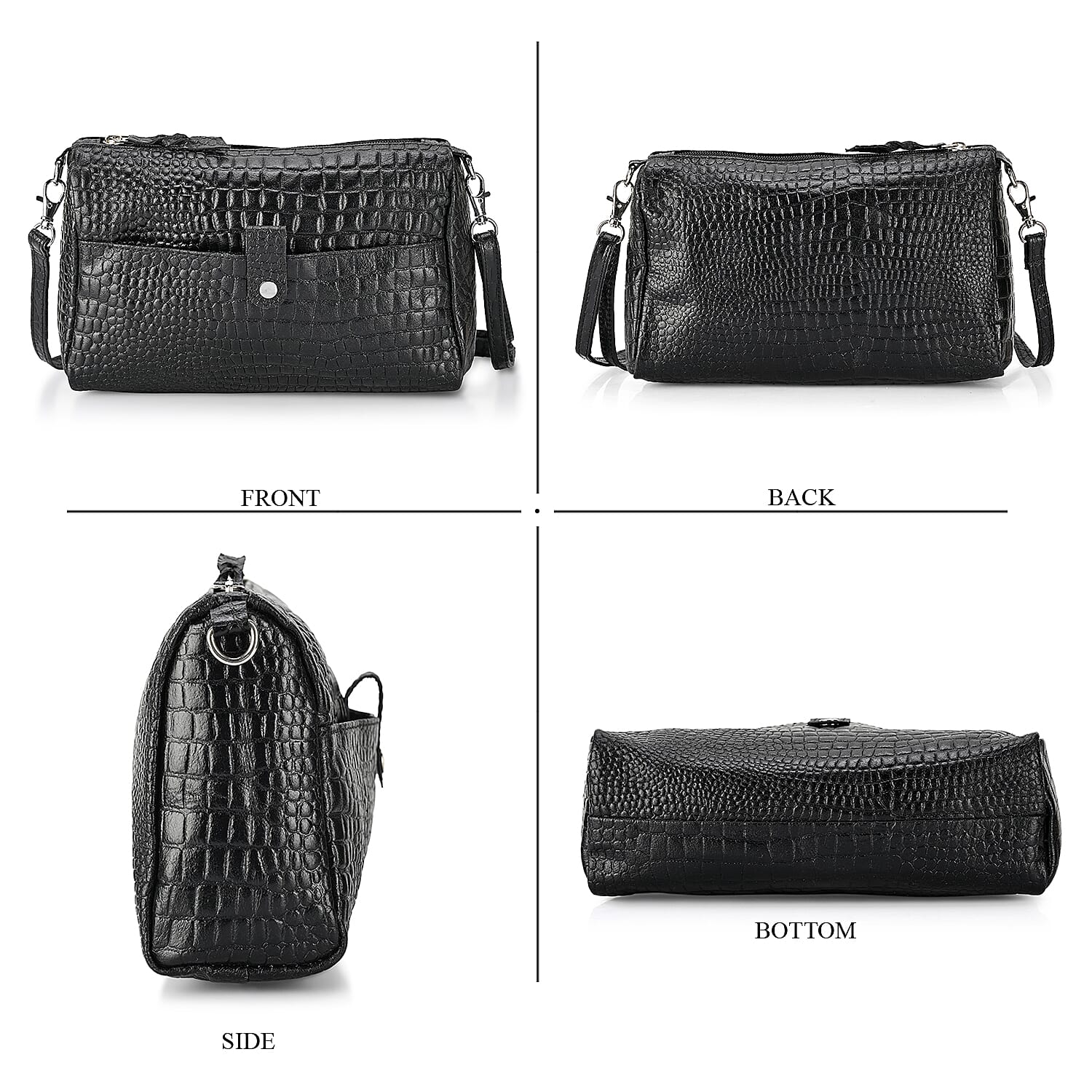 - Maisi Designer Inspired Genuine Leather Croc-embossed Crossbody Mini Satchel with Front Flap Pocket - Black