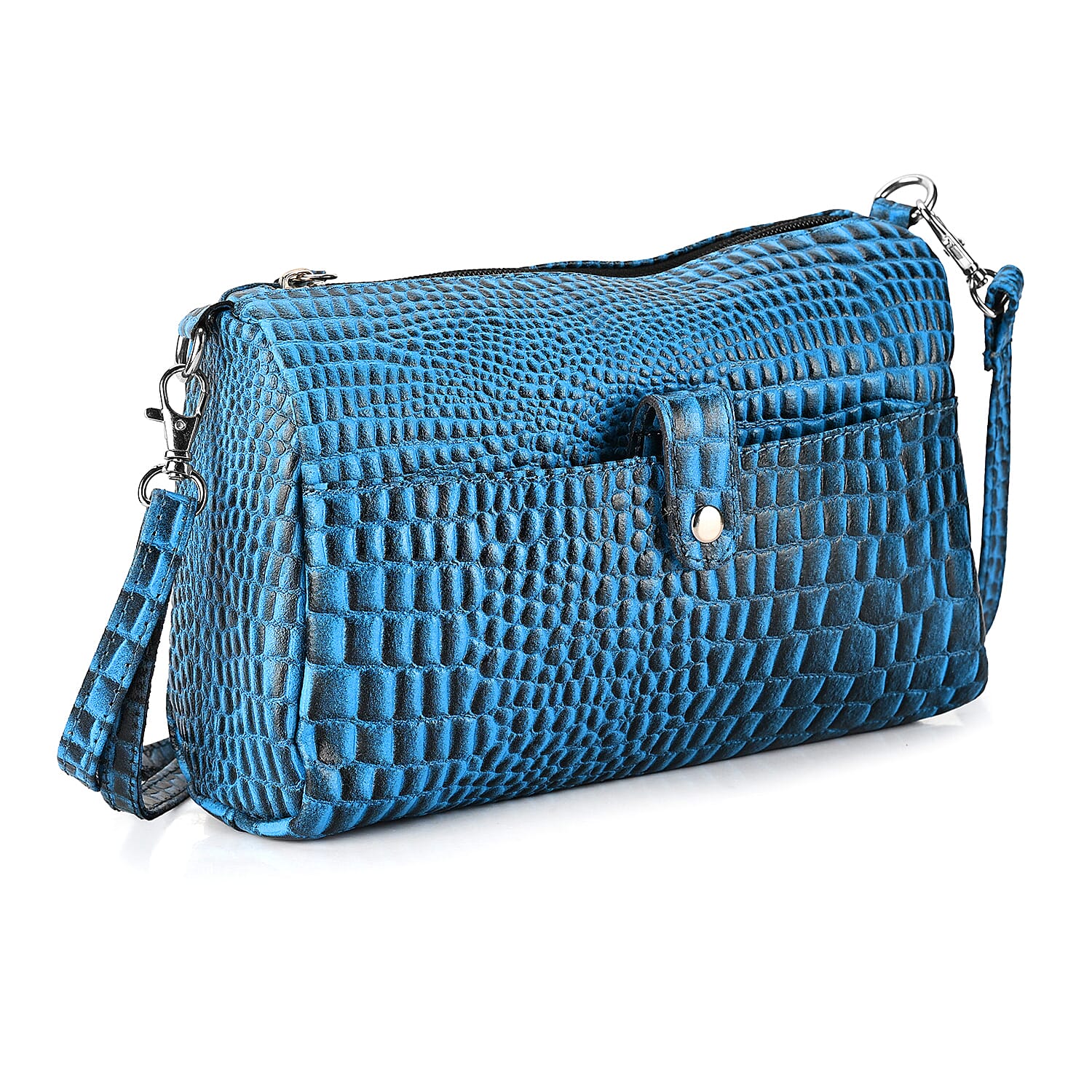 - Maisi Designer Inspired Genuine Leather Croc-embossed Crossbody Mini Satchel with Front Flap Pocket - Crystal Teal - Black
