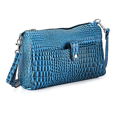 - Maisi Designer Inspired Genuine Leather Croc-embossed Crossbody Mini Satchel with Front Flap Pocket - Crystal Teal - Black