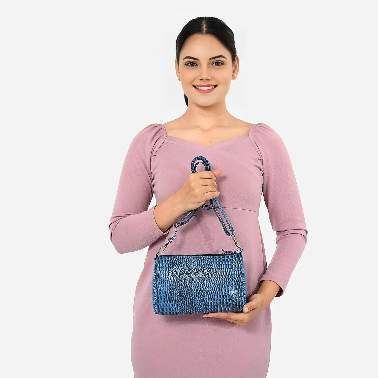 - Maisi Designer Inspired Genuine Leather Croc-embossed Crossbody Mini Satchel with Front Flap Pocket - Crystal Teal - Black