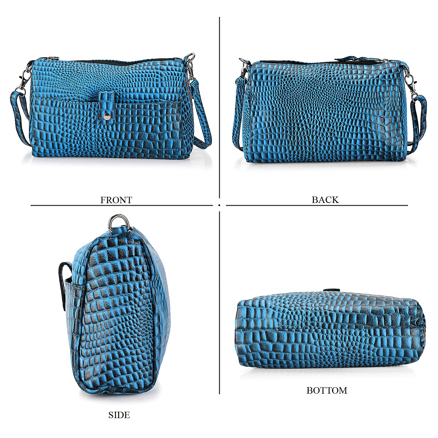 - Maisi Designer Inspired Genuine Leather Croc-embossed Crossbody Mini Satchel with Front Flap Pocket - Crystal Teal - Black