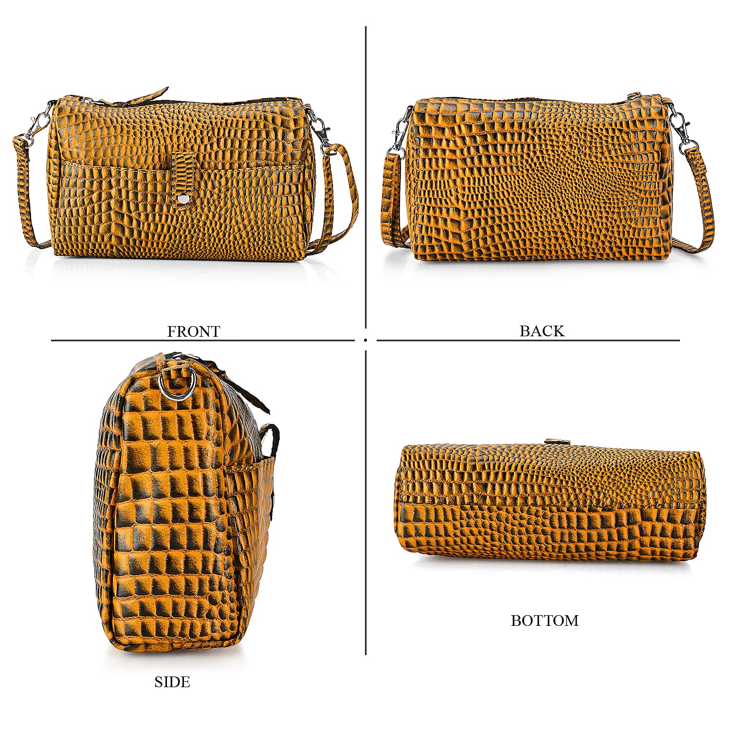 - Maisi Designer Inspired Genuine Leather Croc-embossed Crossbody Mini Satchel with Front Flap Pocket - Mustard - Black