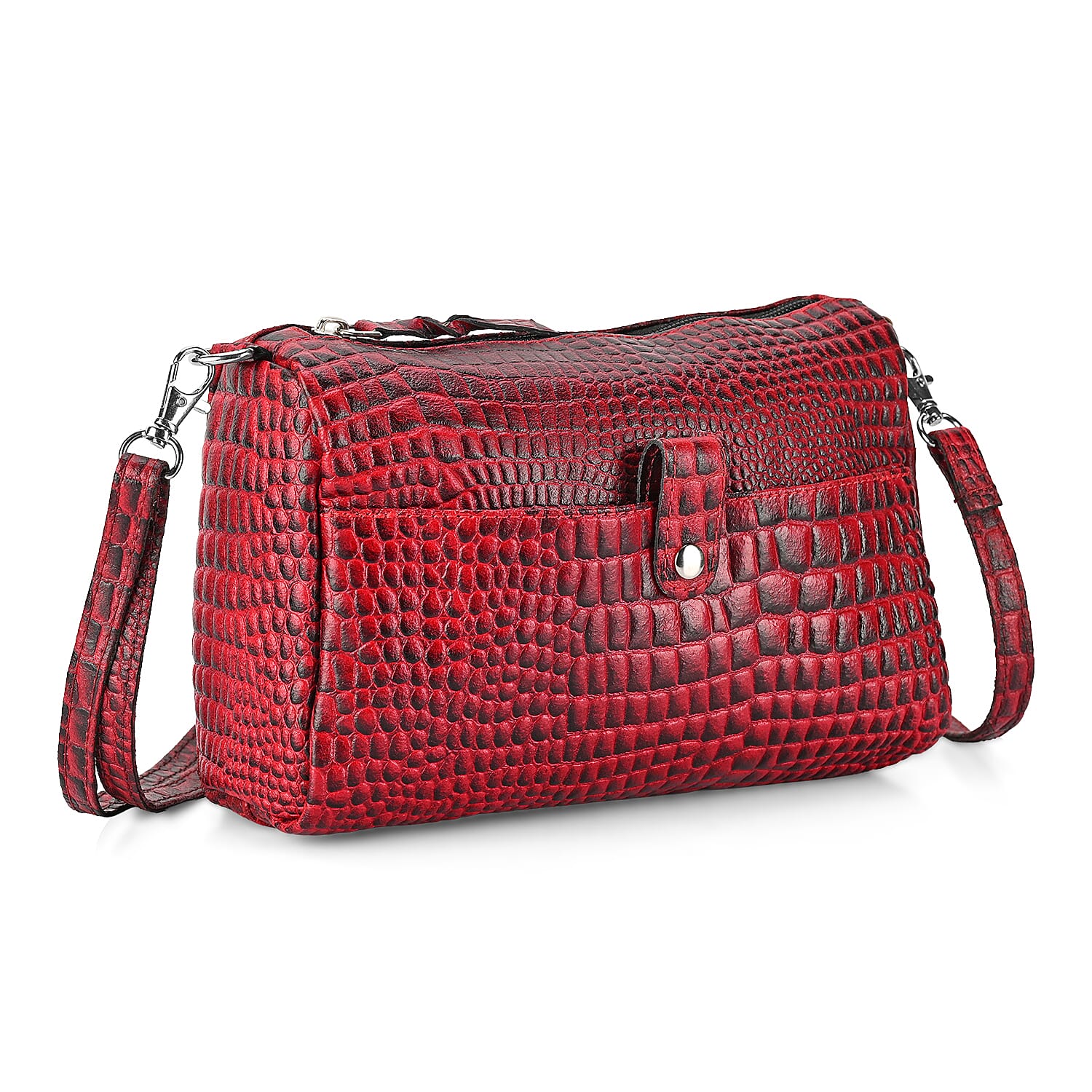 - Maisi Designer Inspired Genuine Leather Croc-embossed Crossbody Mini Satchel with Front Flap Pocket - Maroon - Black