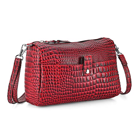 - Maisi Designer Inspired Genuine Leather Croc-embossed Crossbody Mini Satchel with Front Flap Pocket - Maroon - Black