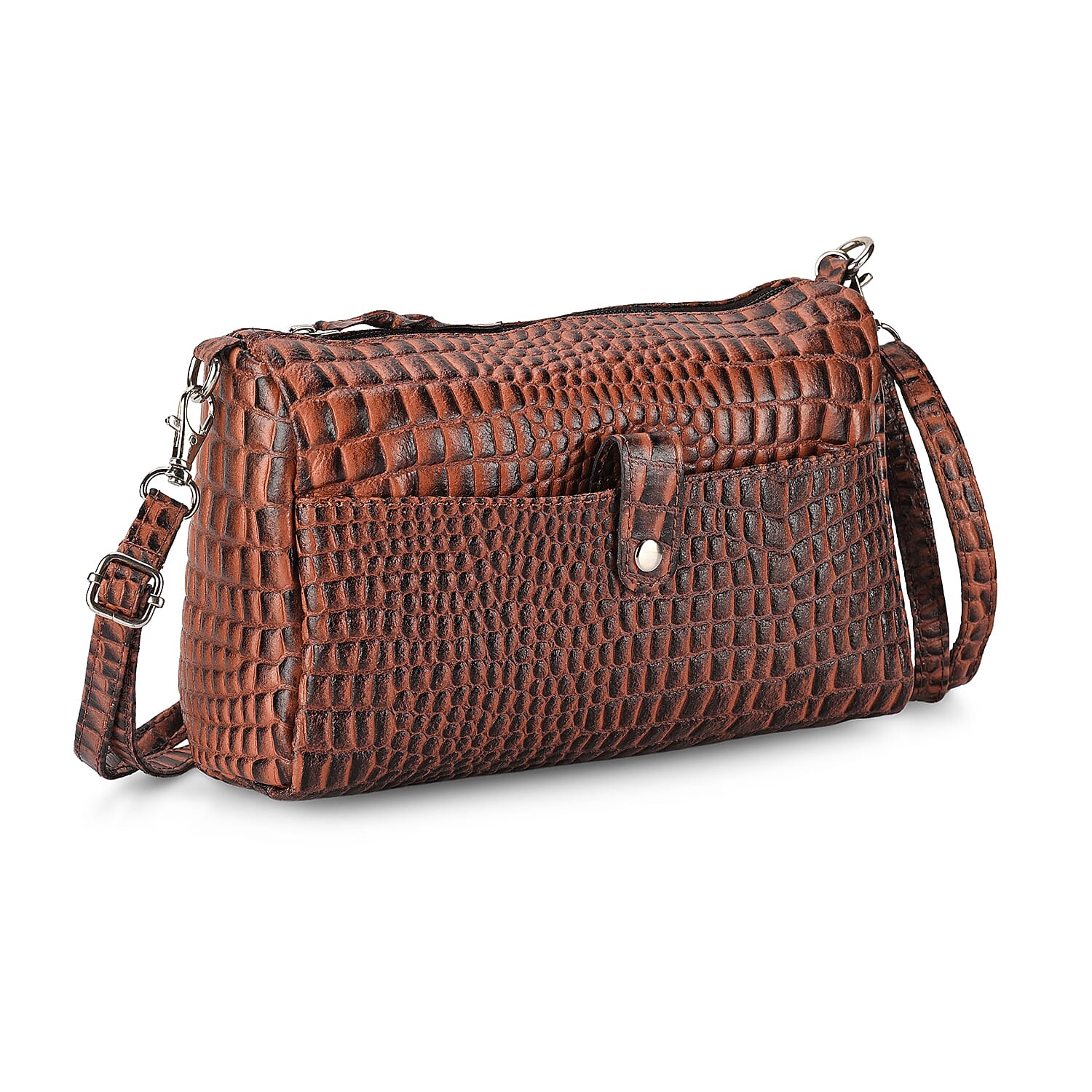 - Maisi Designer Inspired Genuine Leather Croc-embossed Crossbody Mini Satchel with Front Flap Pocket - Brown - Black